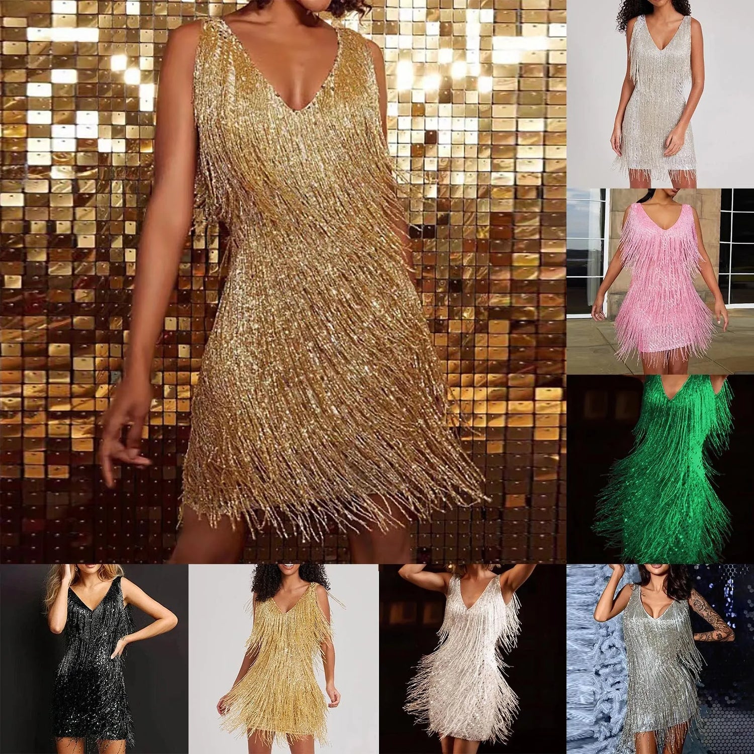 Elegant Feather Sequin Tassel Dress - Front View